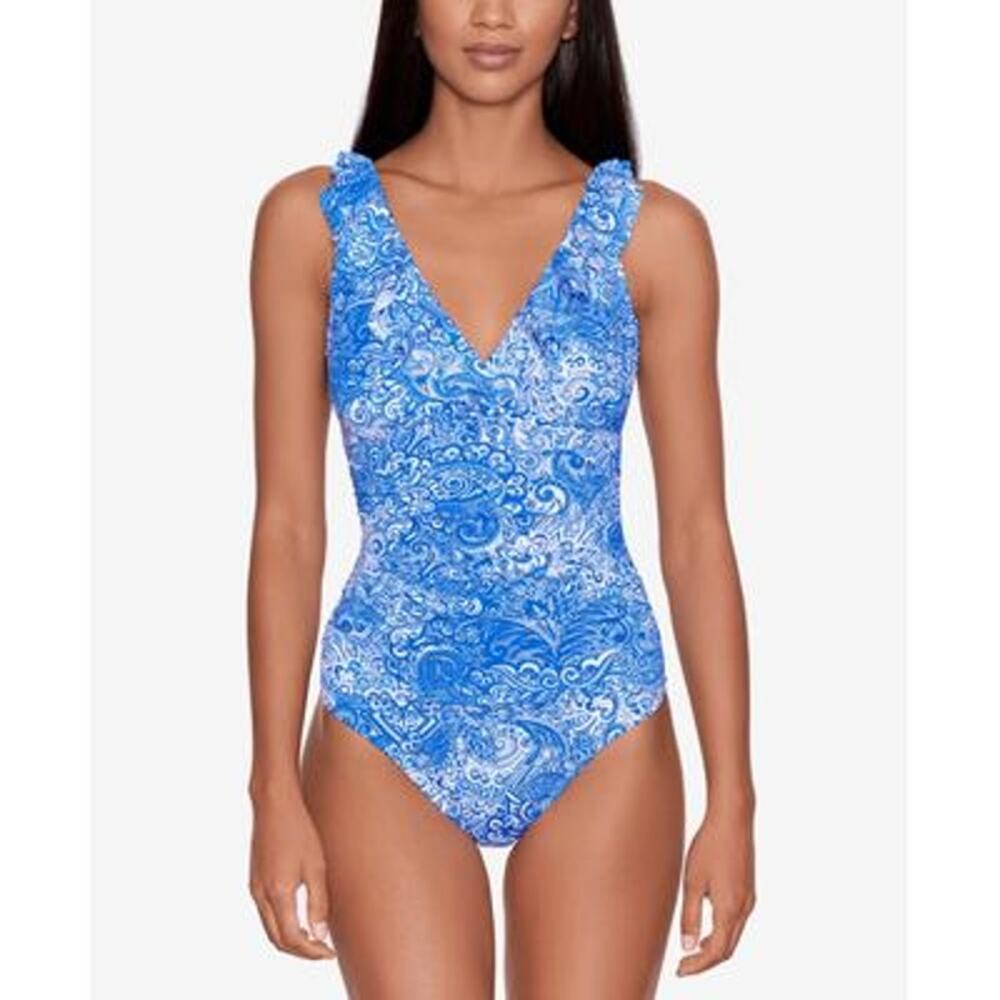 Ralph Lauren ARTISANAL WOODBLOCK Ruffled Tummy-Control Swimsuit US 6
